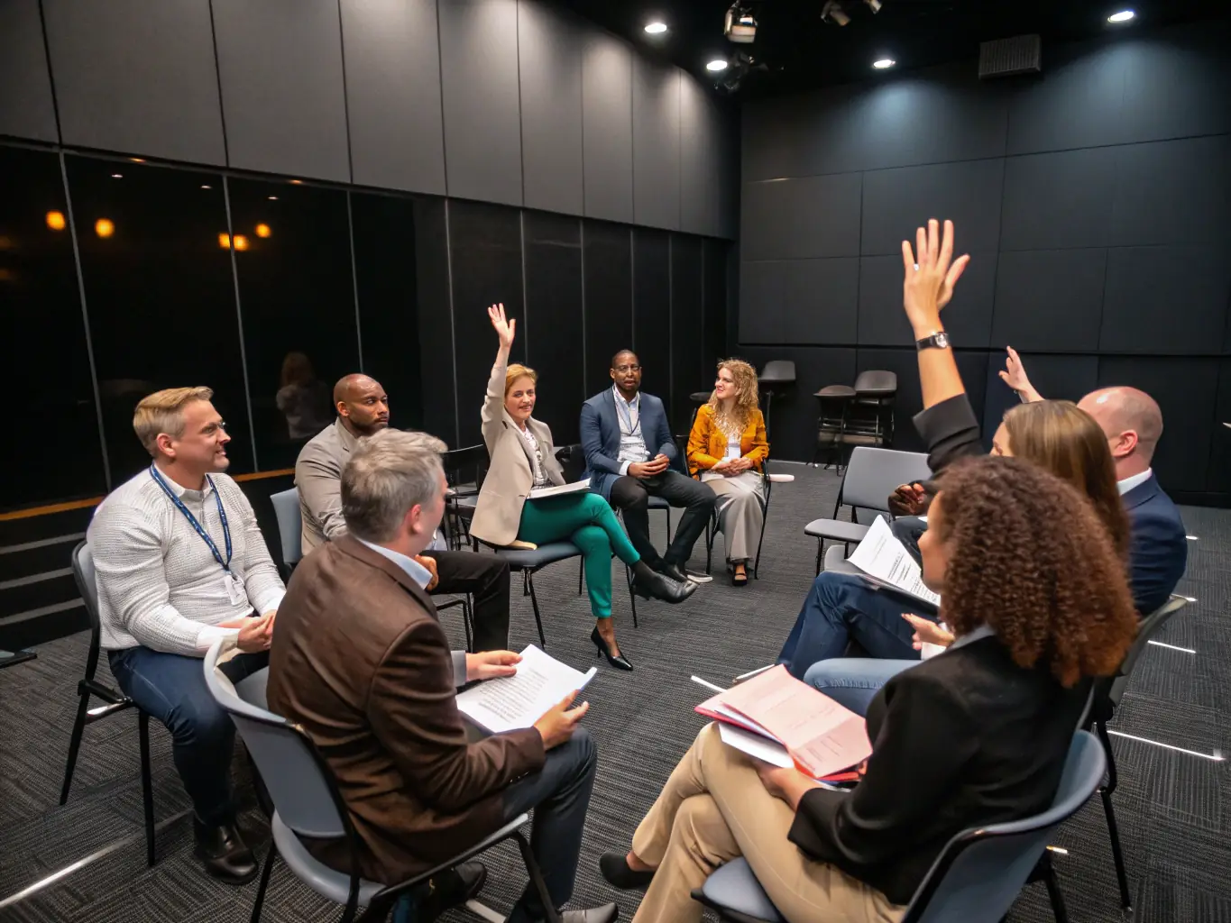 An image of a diverse group of professionals participating in a leadership workshop, with a coach facilitating the session. The setting is a modern office space in London, reflecting the UK business environment.