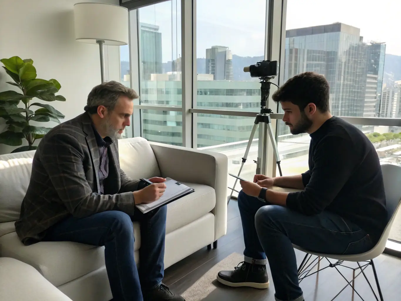 An image of a business coach in a one-on-one session with a client, discussing business strategy and growth opportunities. The setting is a modern office with a view of the London skyline.
