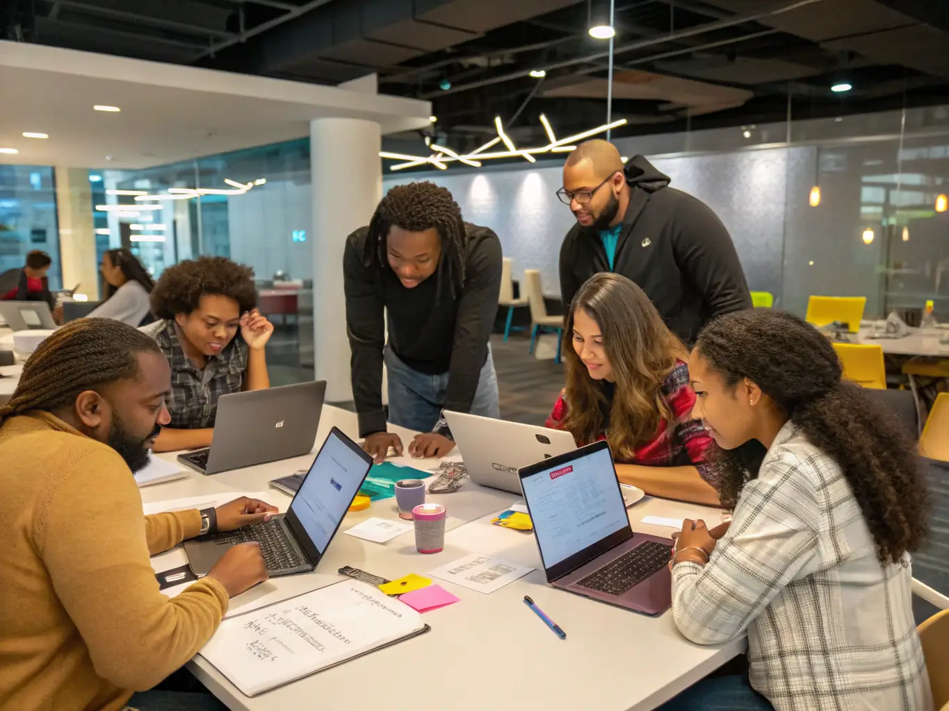 An image of a team collaborating on a project, brainstorming ideas and solving problems. The setting is a co-working space in Manchester, reflecting the collaborative spirit of UK businesses.