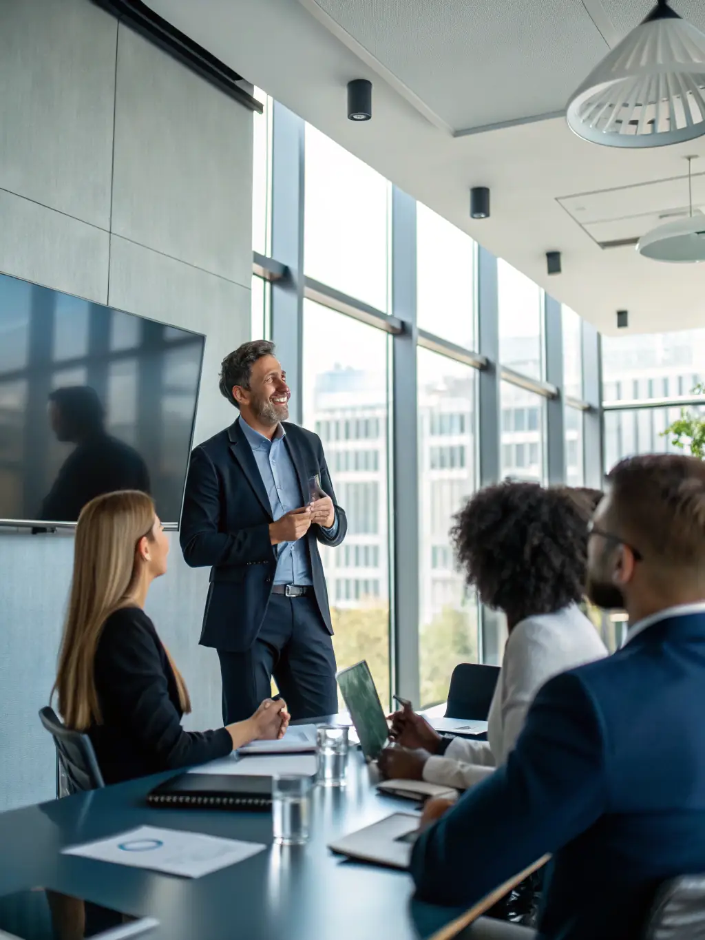 A professional business coach in a suit, confidently leading a workshop session with a diverse group of UK business professionals, fostering an environment of collaboration and strategic thinking.