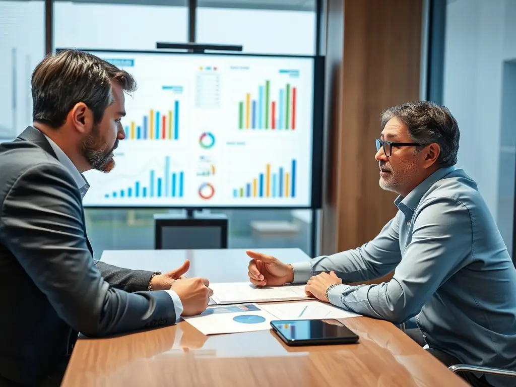 A business mentor is reviewing a detailed business plan with a client, pointing out key areas and providing constructive feedback, illustrating strategic planning and goal setting.