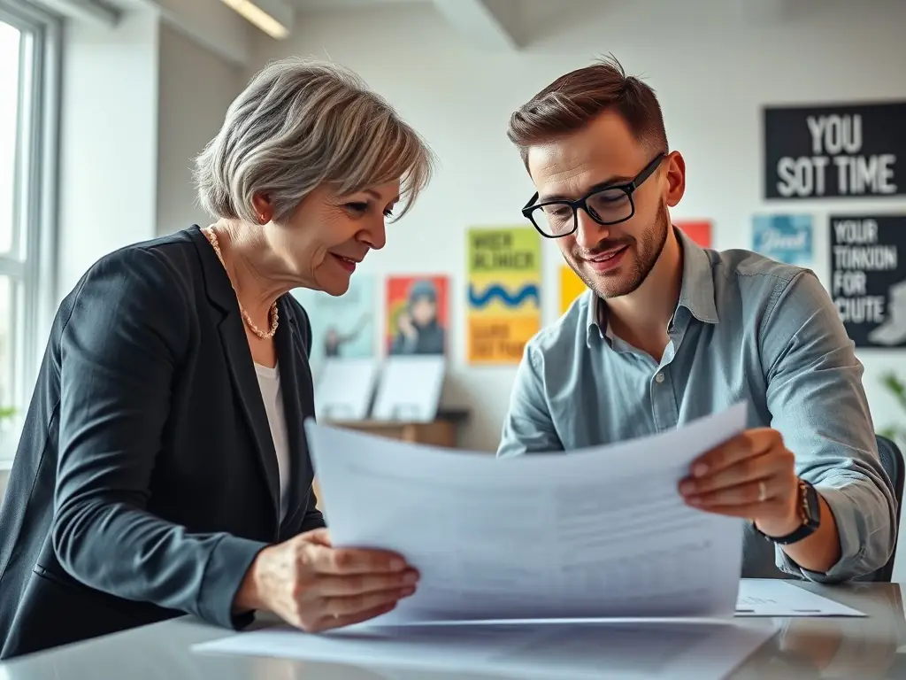 A professional business mentor is guiding a young entrepreneur in a modern office setting, both smiling and engaged in a discussion over a laptop, symbolizing personalized guidance.