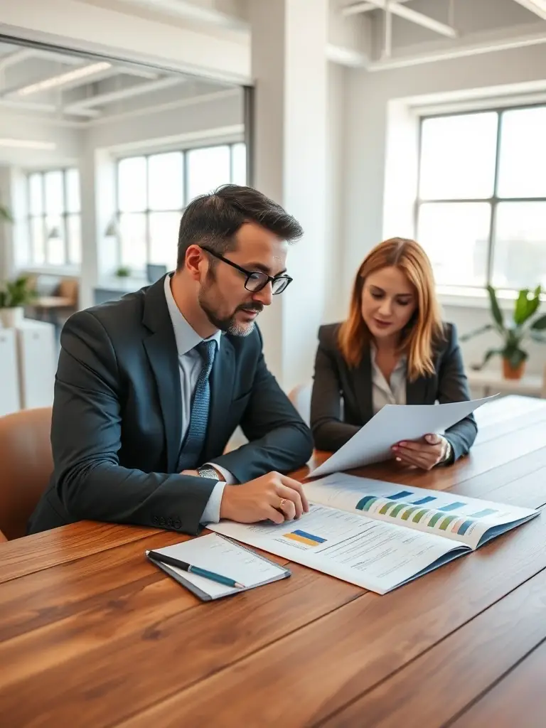 A business coach facilitating a one-on-one coaching session with a UK-based entrepreneur, focusing on strategic planning and business growth in a modern office setting.