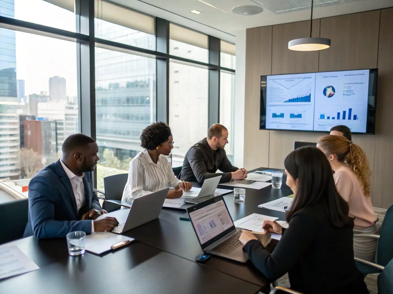A diverse group of business professionals are collaborating in a workshop, brainstorming ideas and discussing strategies, representing a supportive and collaborative environment.