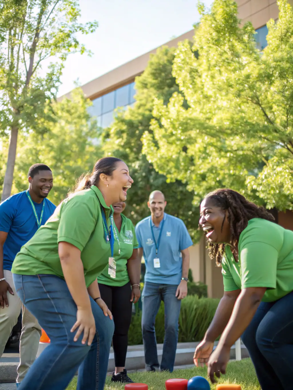 A team of diverse UK business professionals participating in a team-building exercise led by a business coach, promoting collaboration and effective communication in a park setting.